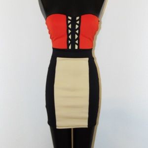 Orange & Black Colorblock design fitted dress
